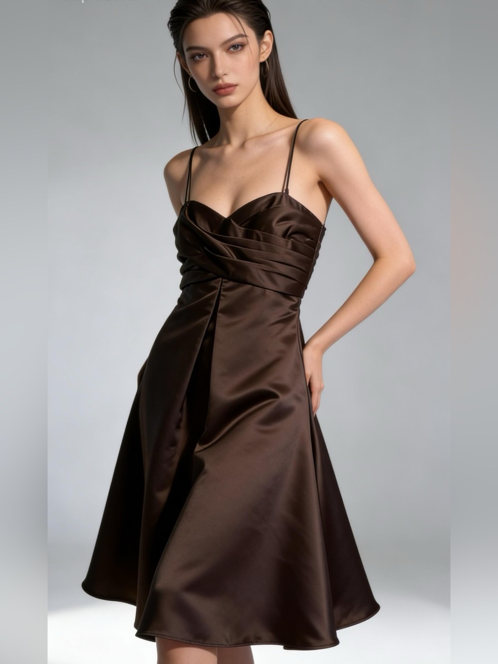Vintage Mori Lee by Madeline Gardner Brown Satin Tea Length Dress w/Pockets Sz12